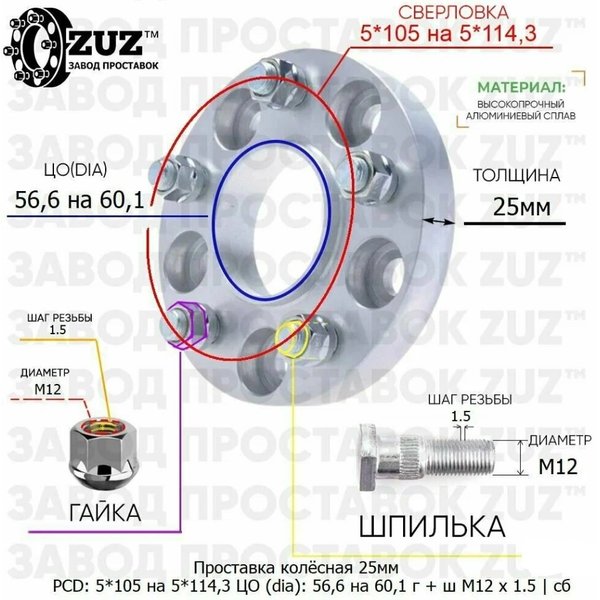 Проставка 25мм, 5*105/5*114,3 D56,6/60,1 M12*1.5